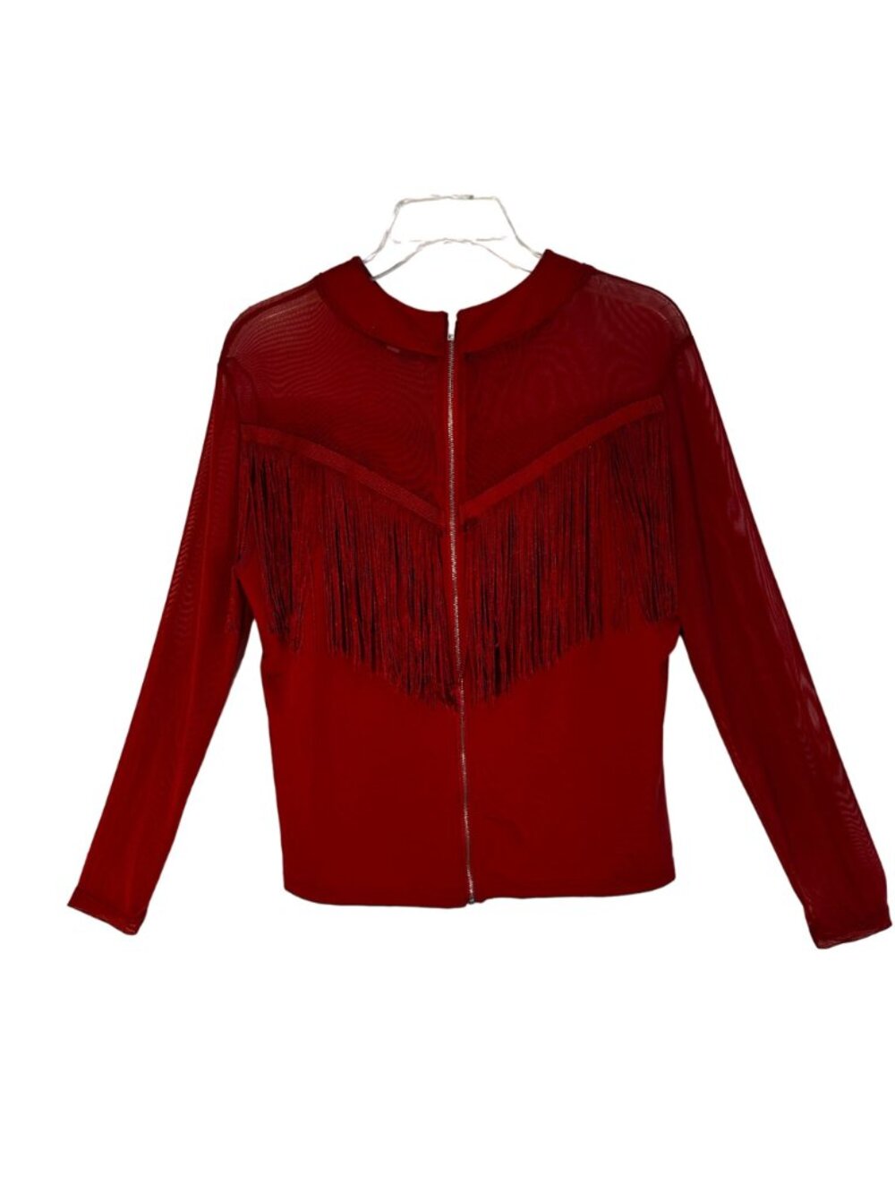 Vivid Womens Red Fringe Western Long Sleeve Top SZ L Sheer Bodice & Sleeves Boho - Picture 3 of 9